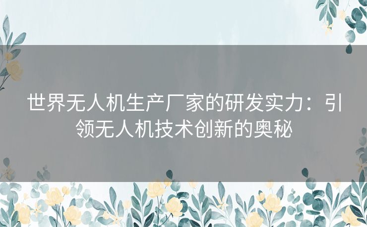 世界无人机生产厂家的研发实力:引领无人机技术创新的奥秘 世界无人机生产厂家的研发实力:引领无人机技术创新的奥秘